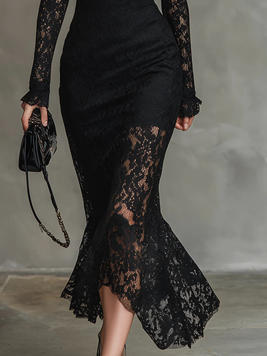 Victoria - Vestido Maxi de Encaje y Poliéster Elástico